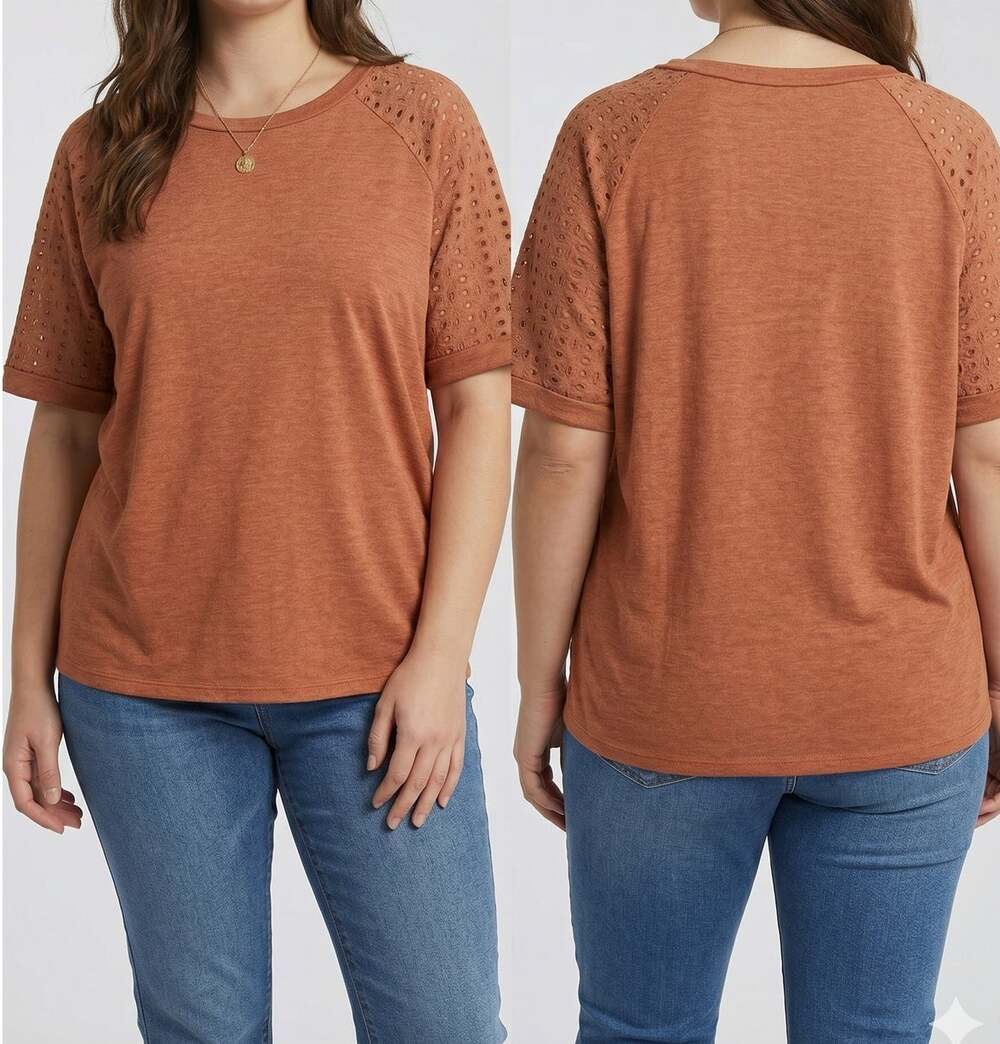 Emery Rose 4XL Short Sleeve Shirt Orange with Eyelet Sleeves Polyester Spandex